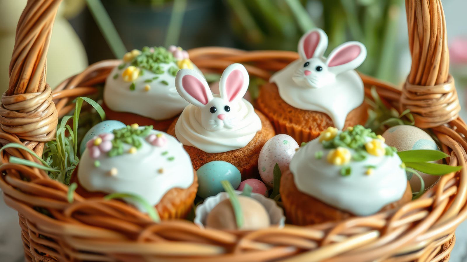 Decorative Easter cupcakes in a basket with colorful eggs and floral elements for a festive celebration